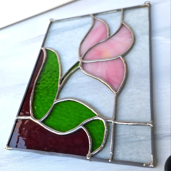 Vintage Stained Glass Window SunCatcher Flower Leaf Colorful Art Deco Abstract